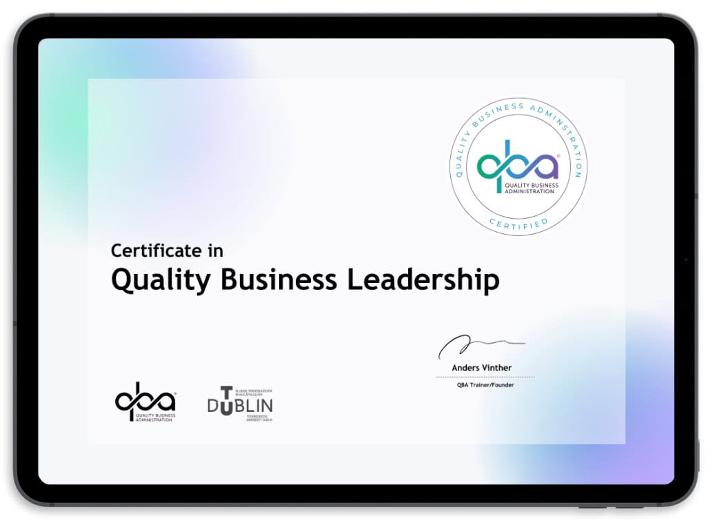 QBA Certificate of completion example on an ipad